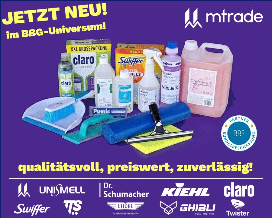 Der Hintergrund dieses Banners ist rein lila gehalten. Im Hintergrund sind diverse Putzmittel und Markennamen abgebildet. Rechts oben ist das Logo mtrade abgebildet und in der Mitte ist das Partner-Siegel zu sehen. Da es sich um ein GIF (bewegtes Bild) handelt, hat der Banner mehrere Sequenzen. In der ersten Sequenz steht links oben Jetzt „Neu – im BBG-Universum“, sowie im unteren Drittel die Begriffe, die zur Verdeutlichung genutzte werden:“ qualitätsvoll, preiswert, zuverlässig“ In der zweiten Sequenz steht links oben „Hier klicken – tolle Produkte zu fairen Preisen“ sowie im unteren Drittel „sparen Sie beim Preis und nicht bei der Qualität“ In der dritten Sequenz steht links oben „Hier klicken – Sie werden es nicht bereuen“ sowie im unteren Drittel „Fami-lienunternehmen aus Österreich – seit 2003“ Auf der letzten Seite steht links oben „Hier klicken – uns Sie werden sich freuen!“ Zusätzlich sind hier anstelle der abgebildeten Putzmittel nun einige Begriffe zu den Produktgruppen angeführt, wie u.a. Müllsäcke, Duftmatten, Reinigungsmittel, Seife