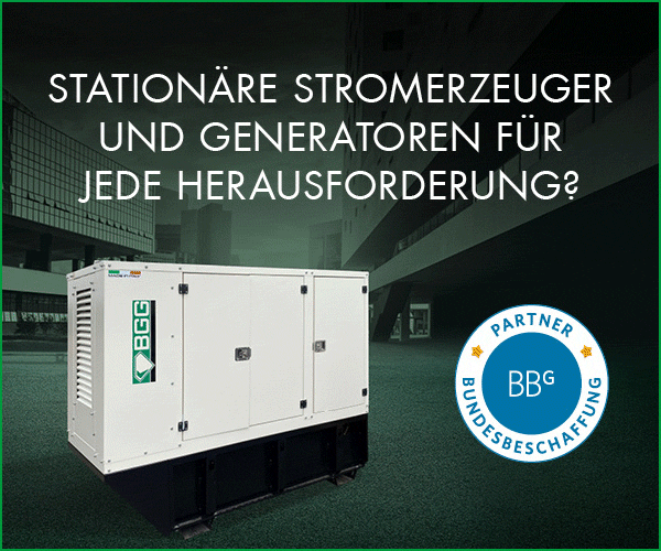 Im Hintergrund dieses Banners ist eine Art Campus zu sehen. Im Vordergrund ein Stromkasten mit dem Logo BGG drauf. Oben ist die Frage „Stationäre Stromerzeuger und Generatoren für jede Herausforderung?“ zu lesen. Rechts unten ist das BBG Partner-Siegel abgebildet. Da es sich um ein GIF (bewegtes Bild) handelt, wechselt sich der Text von Sequenz zu Sequenz ab. Auf der 2. Seite steht geschrieben: „unsere Hybriden Serien EP, EPS, GX, STW und FUSTEQ“ sowie ein anderen Stromkas-ten und das Partner-Siegel Logo ist zu sehen. Auf der 3. Seite ändert sich das Design nun in weiß und grün mit dem Logo Bruno Generators. Darunter ist der Slogan „Get Powers!“ zu lesen und darunter eine Art Button „Jetzt mehr erfahren“.