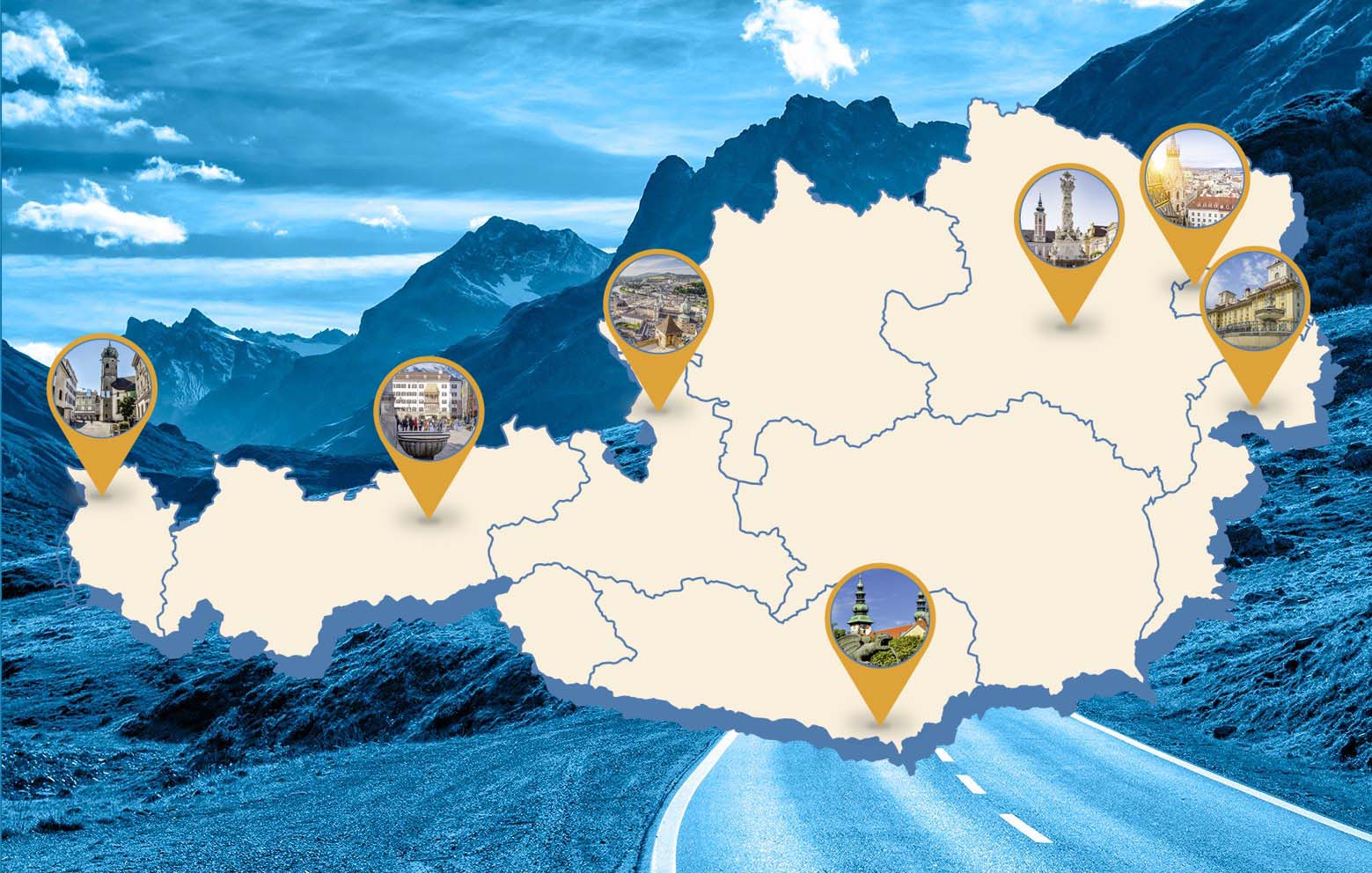 Österreichkarte mit Markierungen für Stopps der Bundesländertour vor Berglandschaft