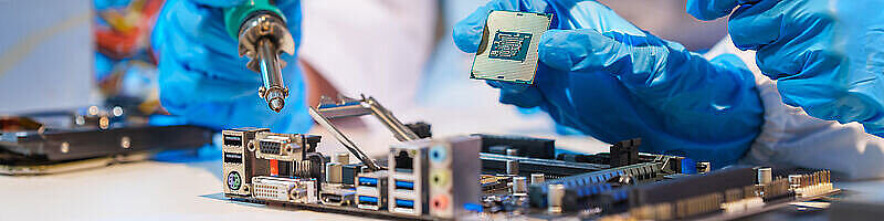 Elektronikkomponenten Menschen bauen einen Prozessor zusammen