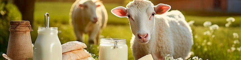 Eine Landschaft, im Vordergrund ein Tisch mit diversen Molkereiprodukten wie Käse und Milch